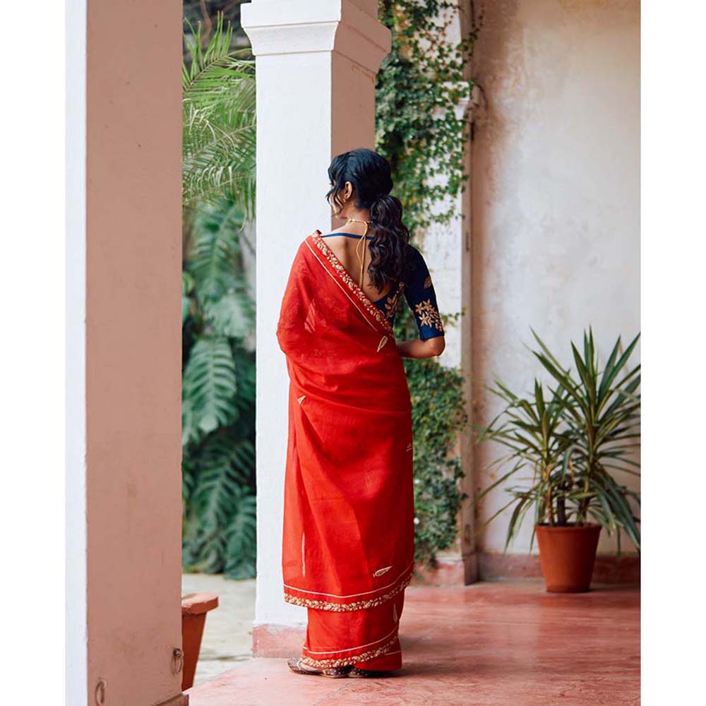 Label Earthen Seetaphool Rani Zardozi Saree with Hand Embroidered with Stitched Blouse