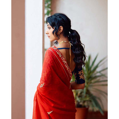 Label Earthen Seetaphool Rani Zardozi Saree with Hand Embroidered with Stitched Blouse