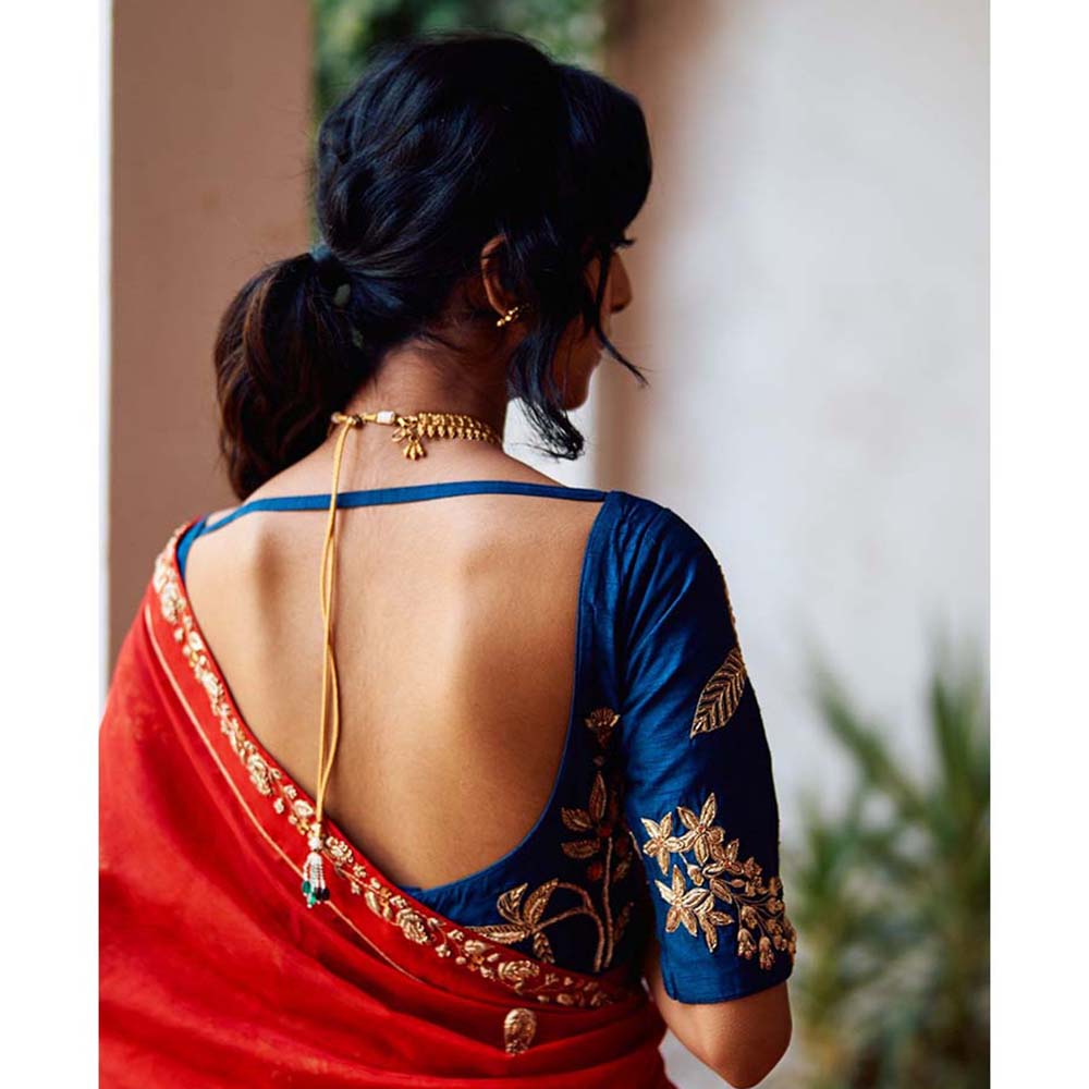 Label Earthen Seetaphool Rani Zardozi Saree with Hand Embroidered with Stitched Blouse