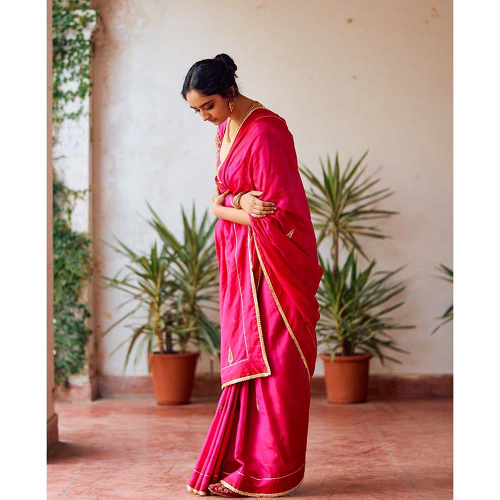 Label Earthen Zari Phool Rani Zardozi Saree with Embroidered with Stitched Blouse