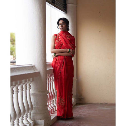 Label Earthen Surkh Laal Zari Sitara Saree with Embroidered with Stitched Blouse