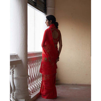 Label Earthen Surkh Laal Zari Sitara Saree with Embroidered with Stitched Blouse