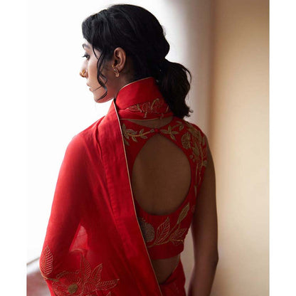 Label Earthen Surkh Laal Zari Sitara Saree with Embroidered with Stitched Blouse