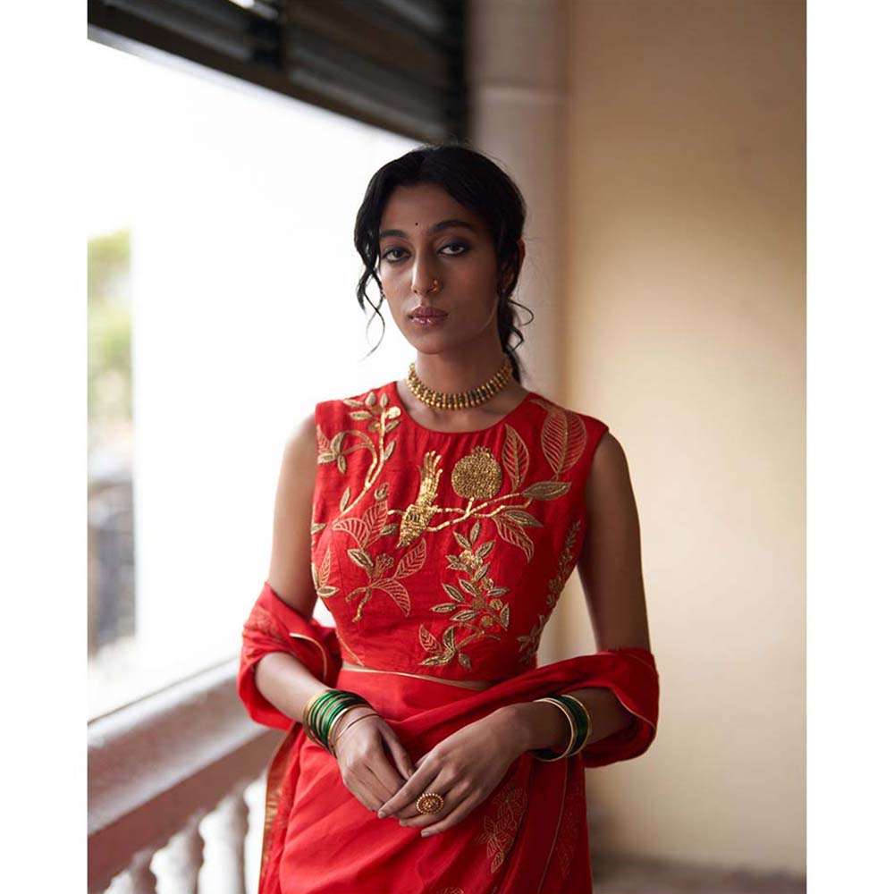 Label Earthen Surkh Laal Zari Sitara Saree with Embroidered with Stitched Blouse