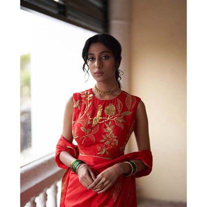 Label Earthen Surkh Laal Zari Sitara Saree with Embroidered with Stitched Blouse