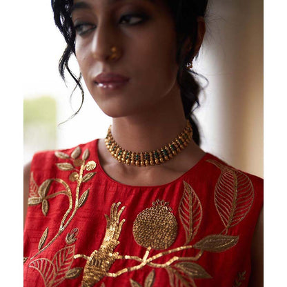 Label Earthen Surkh Laal Zari Sitara Saree with Embroidered with Stitched Blouse