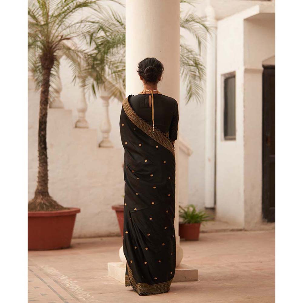 Label Earthen Rani Kairi Black Chiniya Embry Butta Saree with Stitched Blouse