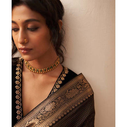 Label Earthen Surma Rani Phool Checks Zari Saree with Zardozi with Stitched Blouse