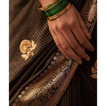 Label Earthen Surma Rani Phool Checks Zari Saree with Zardozi with Stitched Blouse