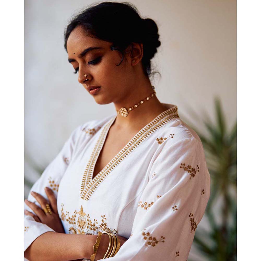 Label Earthen Usha Rani Kali Ivory Embroidered Kurta Pant with Dupatta (Set of 3)