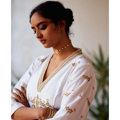 Label Earthen Usha Rani Kali Ivory Embroidered Kurta Pant with Dupatta (Set of 3)