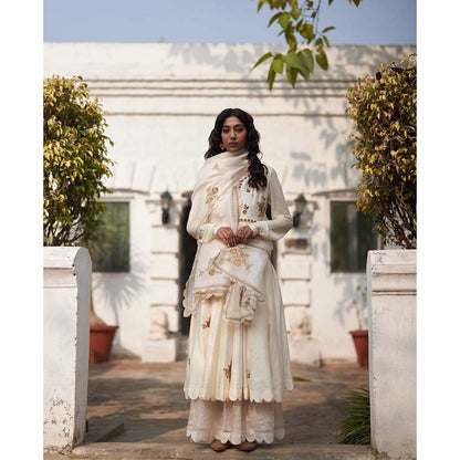 Label Earthen Salma Sitara Rani Kali Ivory Kurta Sharara with Dupatta (Set of 3)