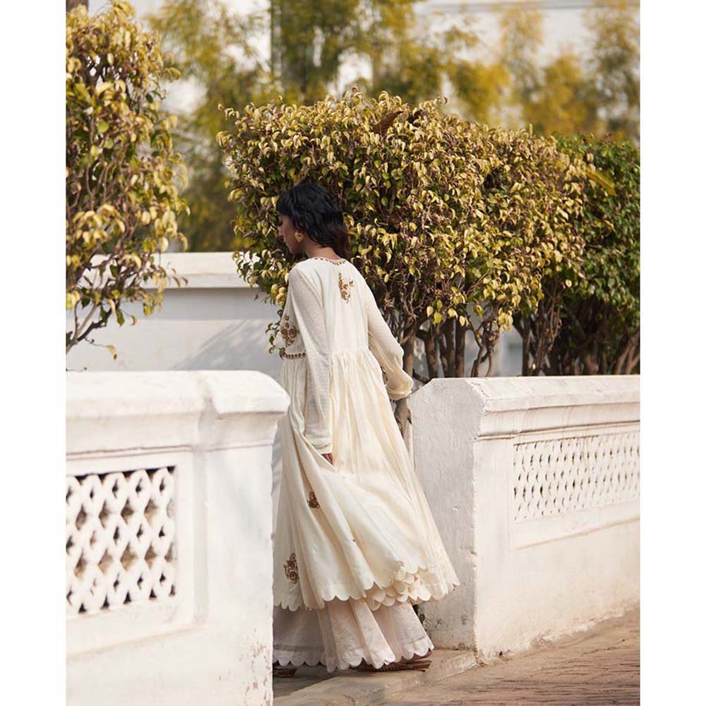 Label Earthen Salma Sitara Rani Kali Ivory Kurta Sharara with Dupatta (Set of 3)