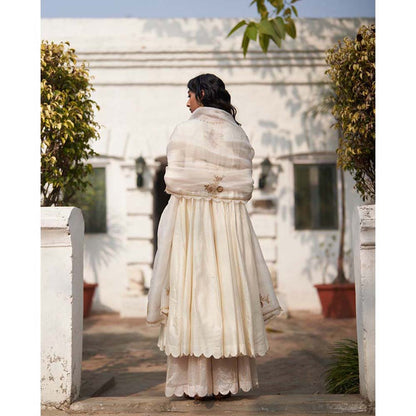 Label Earthen Salma Sitara Rani Kali Ivory Kurta Sharara with Dupatta (Set of 3)