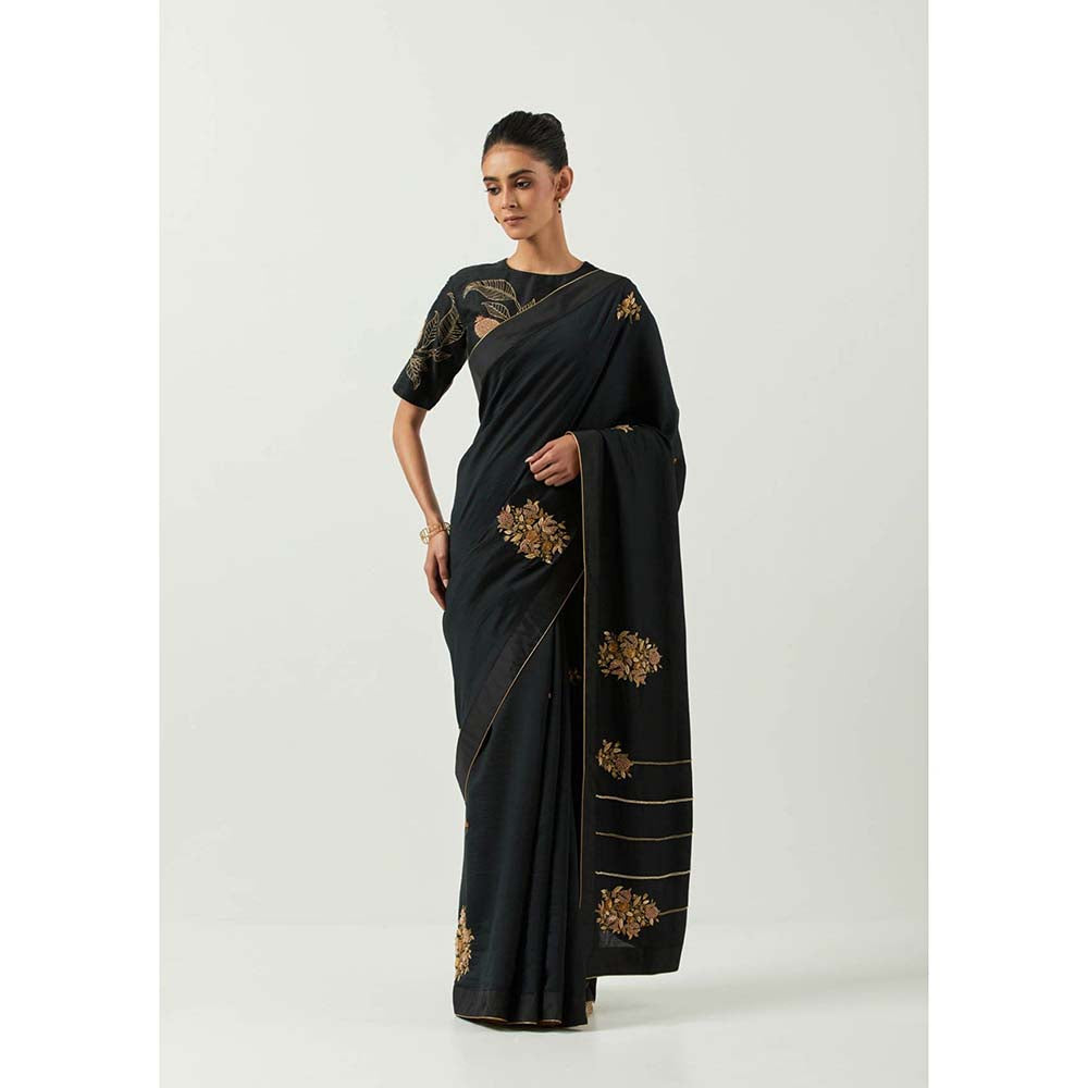 Label Earthen Surma Black Saree with Hand Embroidery & Raw Silk with Stitched Blouse