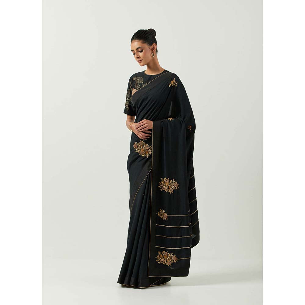 Label Earthen Surma Black Saree with Hand Embroidery & Raw Silk with Stitched Blouse