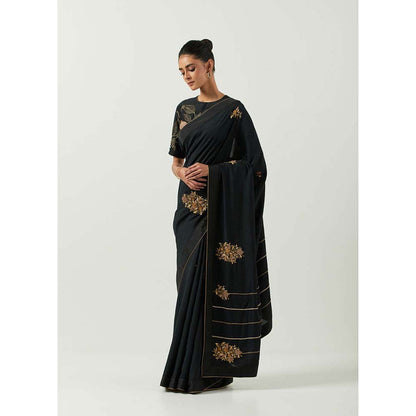 Label Earthen Surma Black Saree with Hand Embroidery & Raw Silk with Stitched Blouse