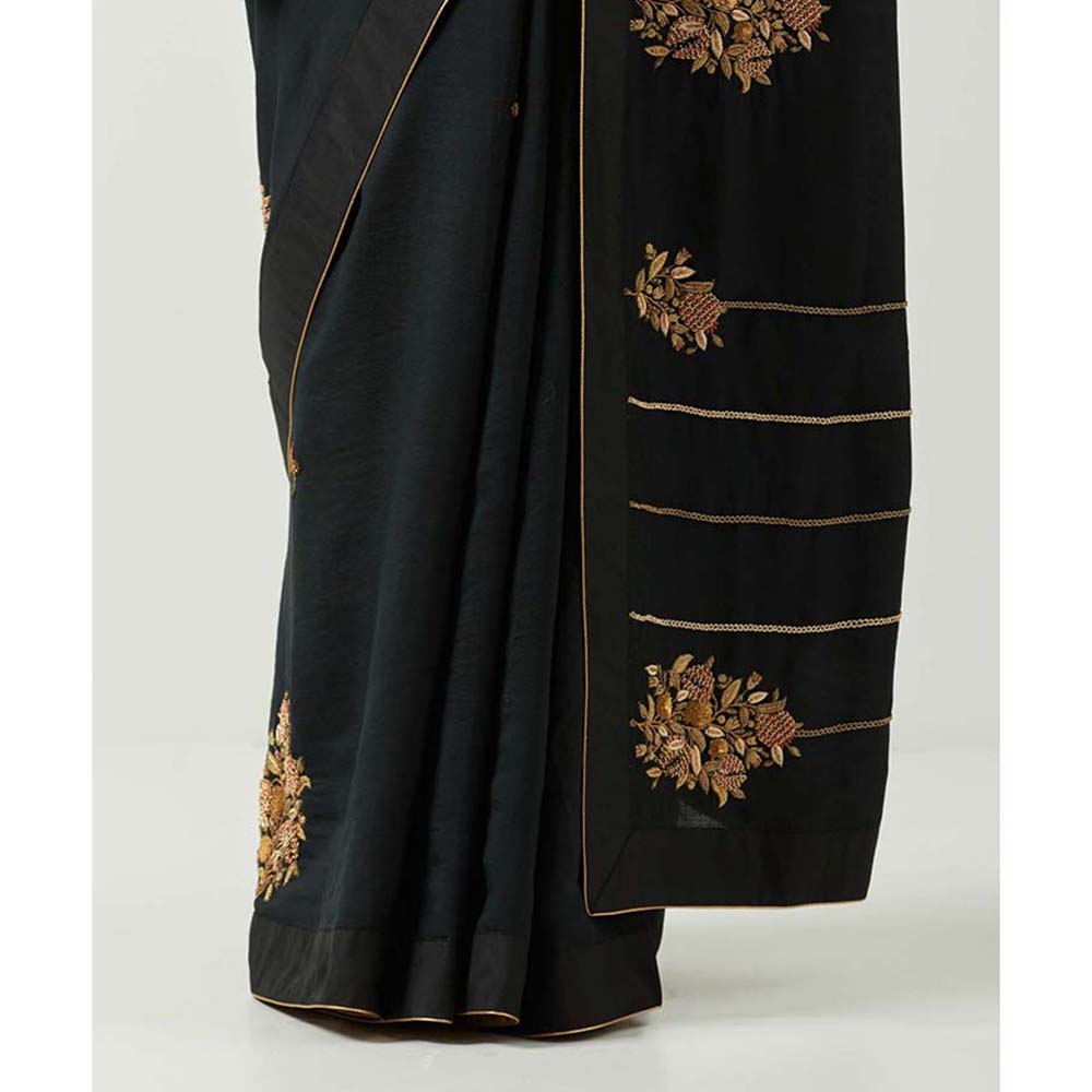 Label Earthen Surma Black Saree with Hand Embroidery & Raw Silk with Stitched Blouse