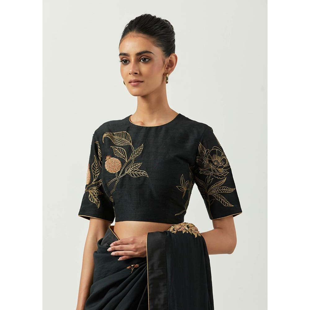 Label Earthen Surma Black Saree with Hand Embroidery & Raw Silk with Stitched Blouse