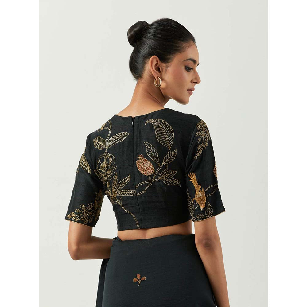 Label Earthen Surma Black Saree with Hand Embroidery & Raw Silk with Stitched Blouse