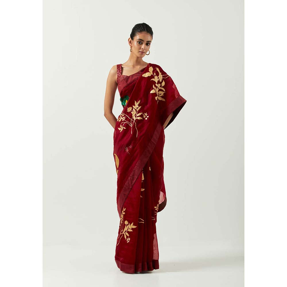 Label Earthen Katthai Chandni Embroidered Saree with Printed with Stitched Blouse