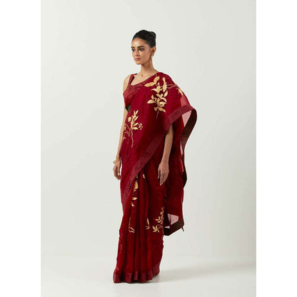 Label Earthen Katthai Chandni Embroidered Saree with Printed with Stitched Blouse