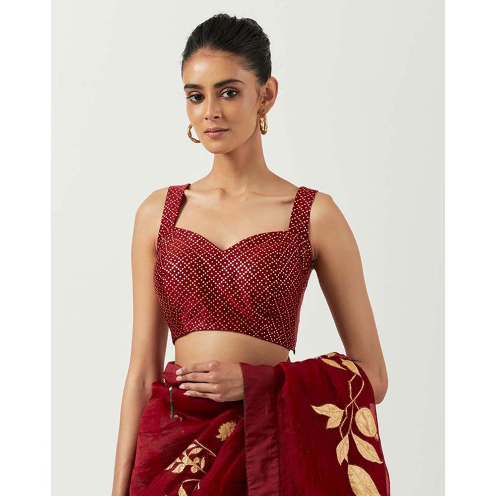 Label Earthen Katthai Chandni Embroidered Saree with Printed with Stitched Blouse