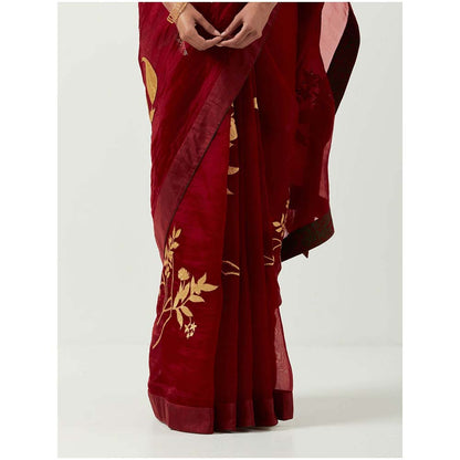 Label Earthen Katthai Chandni Embroidered Saree with Printed with Stitched Blouse