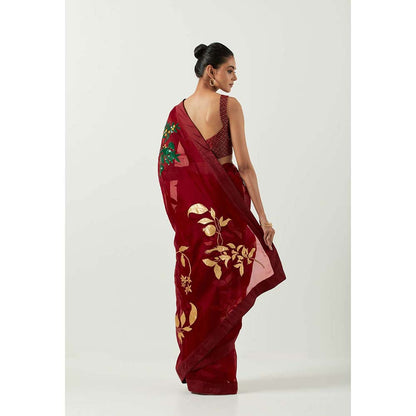 Label Earthen Katthai Chandni Embroidered Saree with Printed with Stitched Blouse