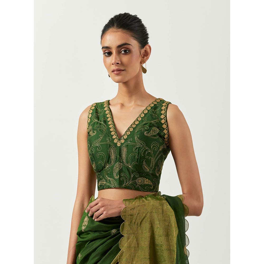 Label Earthen Hina Green Handwoven Saree with Embroidered with Stitched Blouse
