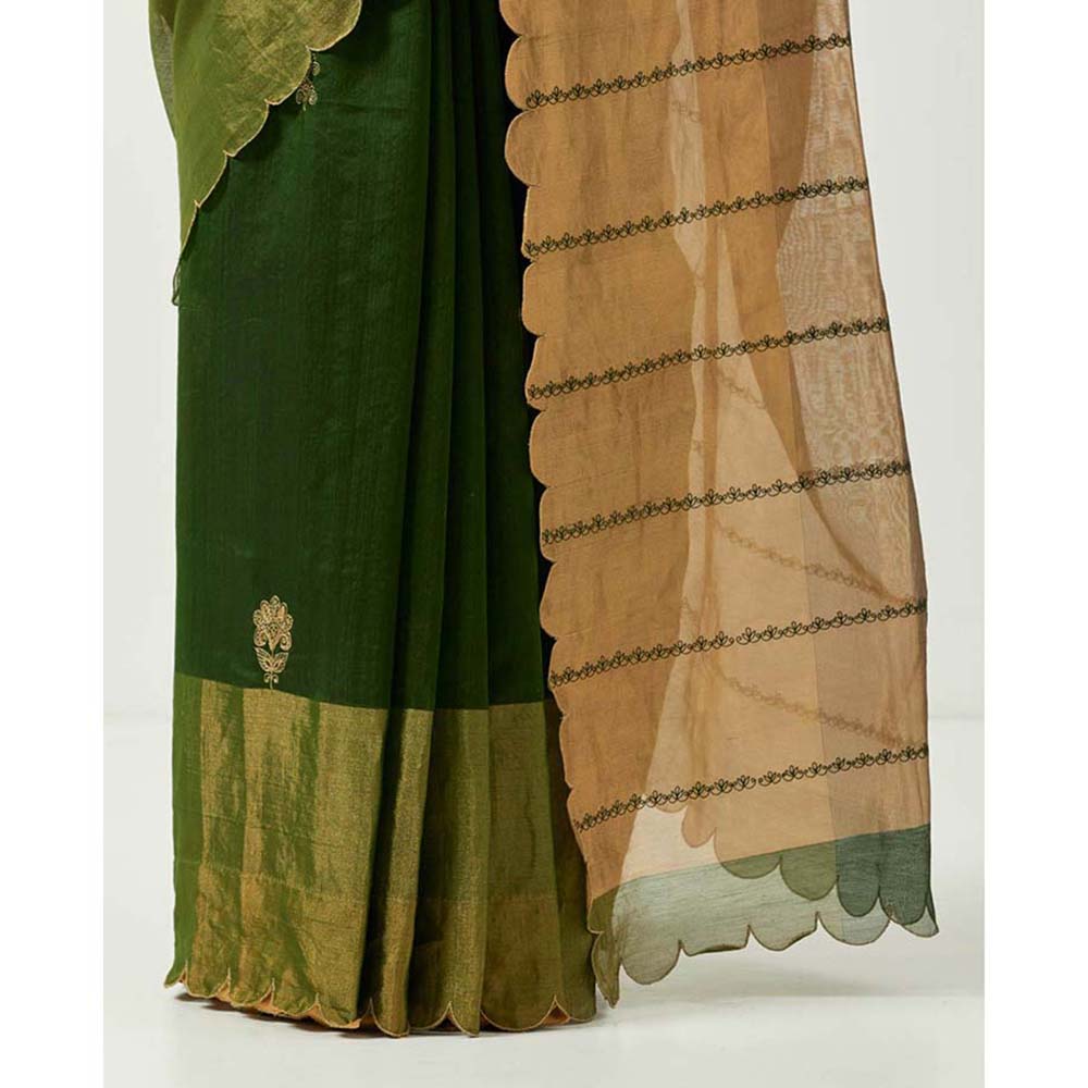 Label Earthen Hina Green Handwoven Saree with Embroidered with Stitched Blouse