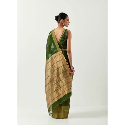 Label Earthen Hina Green Handwoven Saree with Embroidered with Stitched Blouse