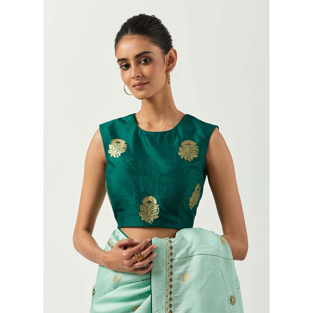 Label Earthen Mehzabeen Zardozi Saree Banarasi Woven Butti Saree with Stitched Blouse