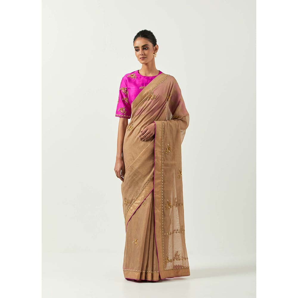 Label Earthen Surmai Gulab Woven Saree with Zardozi with Stitched Blouse