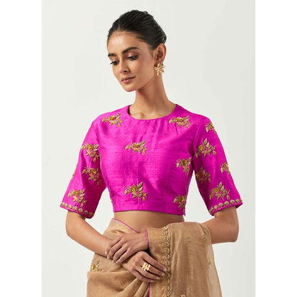 Label Earthen Surmai Gulab Woven Saree with Zardozi with Stitched Blouse