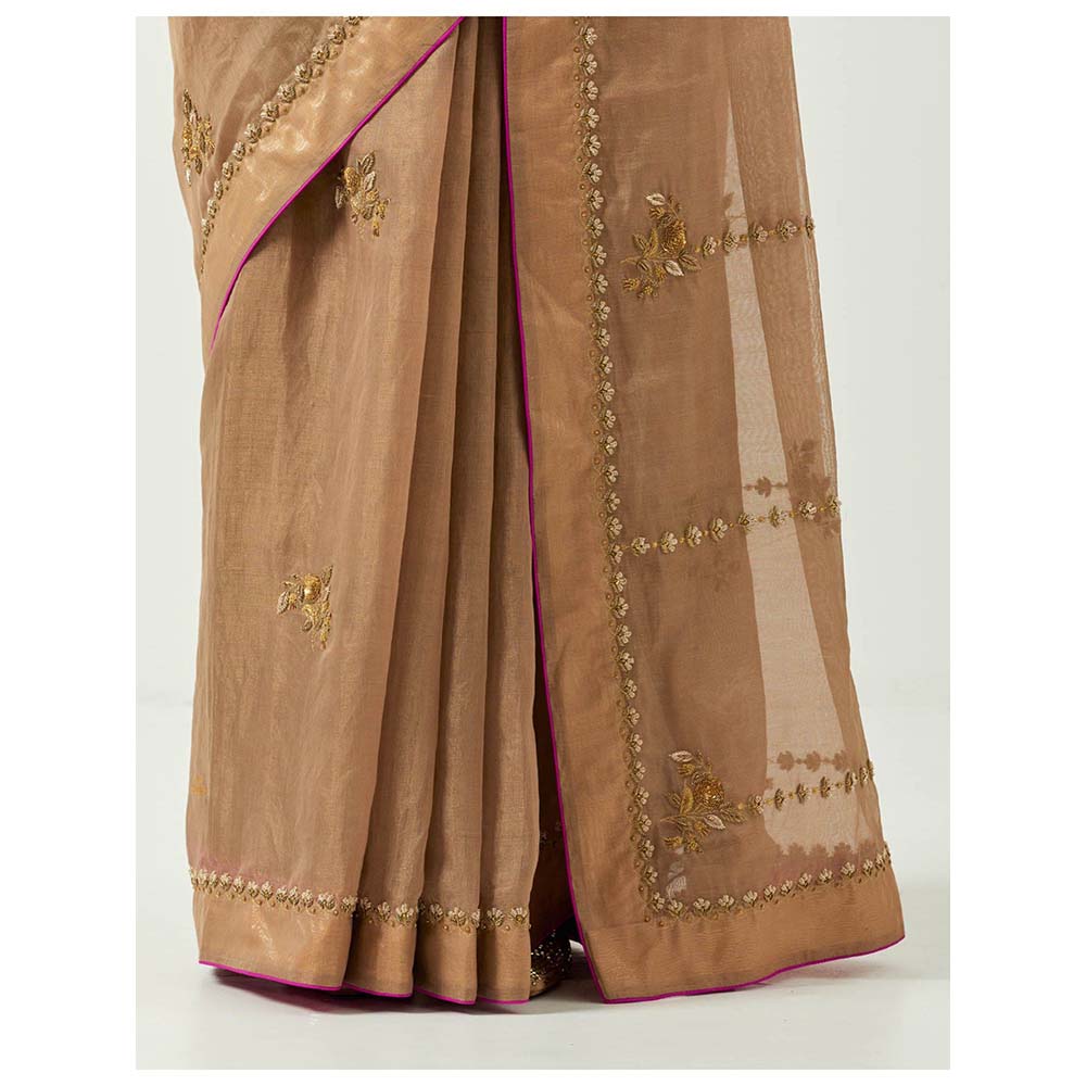 Label Earthen Surmai Gulab Woven Saree with Zardozi with Stitched Blouse