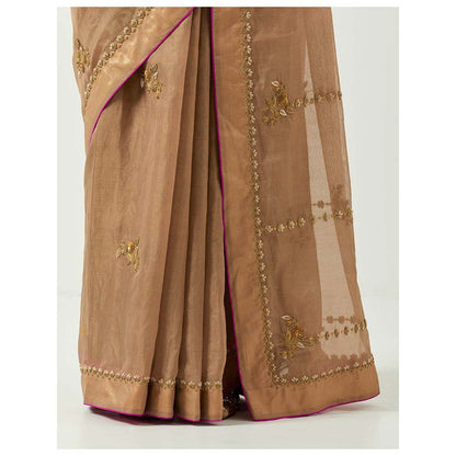 Label Earthen Surmai Gulab Woven Saree with Zardozi with Stitched Blouse