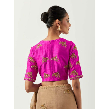 Label Earthen Surmai Gulab Woven Saree with Zardozi with Stitched Blouse