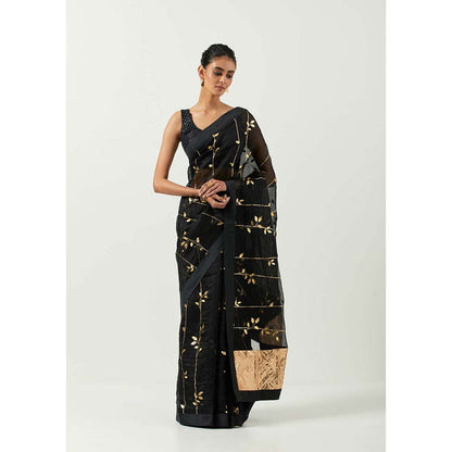 Label Earthen Surma Sona Patti Saree with Foil Printed with Stitched Blouse