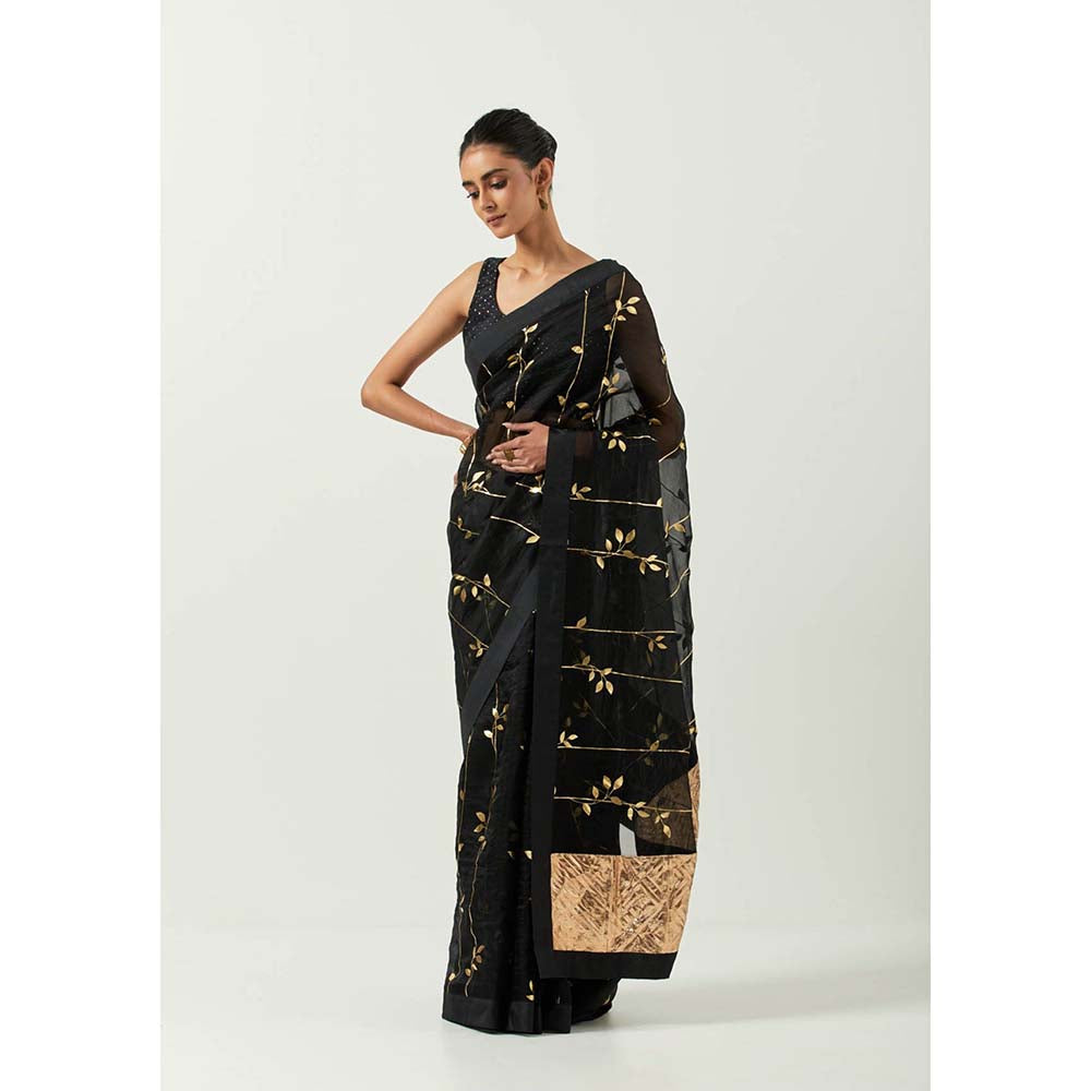 Label Earthen Surma Sona Patti Saree with Foil Printed with Stitched Blouse
