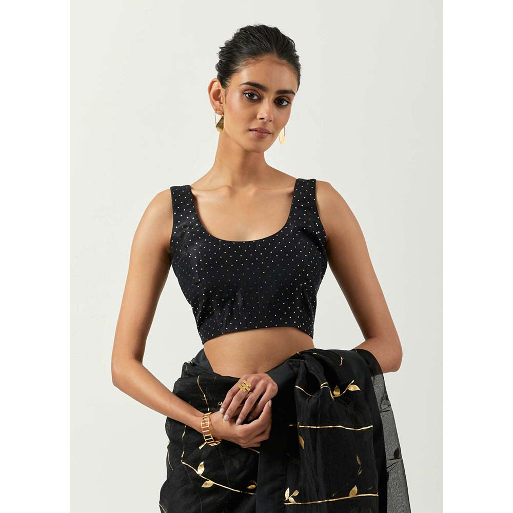 Label Earthen Surma Sona Patti Saree with Foil Printed with Stitched Blouse