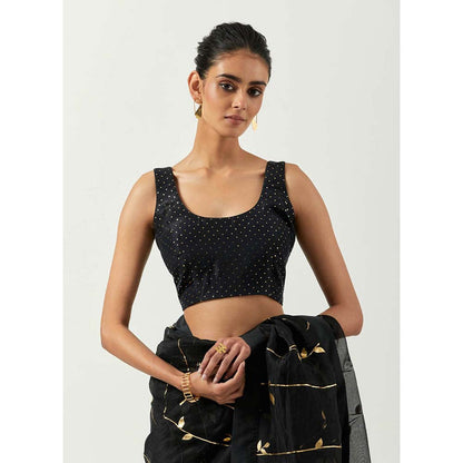 Label Earthen Surma Sona Patti Saree with Foil Printed with Stitched Blouse