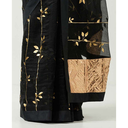 Label Earthen Surma Sona Patti Saree with Foil Printed with Stitched Blouse