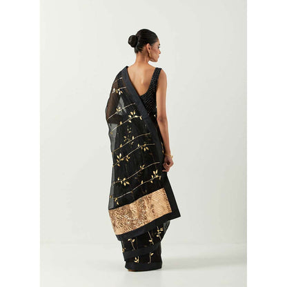 Label Earthen Surma Sona Patti Saree with Foil Printed with Stitched Blouse