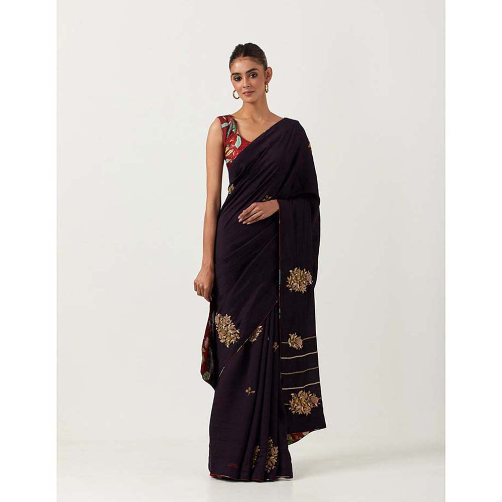 Label Earthen Syahi Anar Saree with Embroidered Zardozi with Stitched Blouse