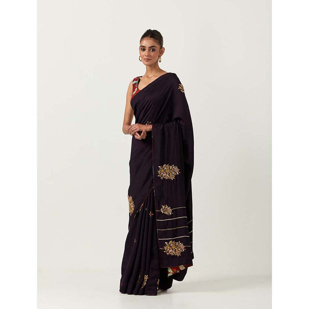 Label Earthen Syahi Anar Saree with Embroidered Zardozi with Stitched Blouse