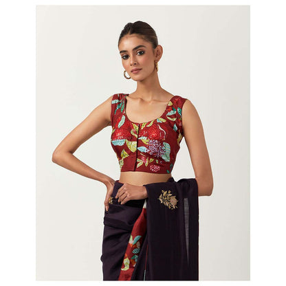 Label Earthen Syahi Anar Saree with Embroidered Zardozi with Stitched Blouse