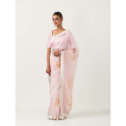 Label Earthen Pinky Embellished Saree with Printed Foil with Stitched Blouse