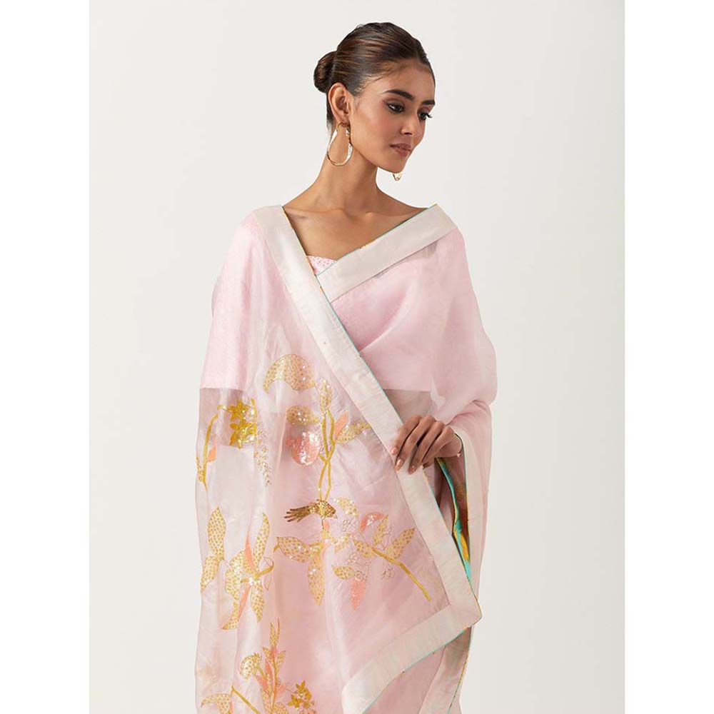 Label Earthen Pinky Embellished Saree with Printed Foil with Stitched Blouse