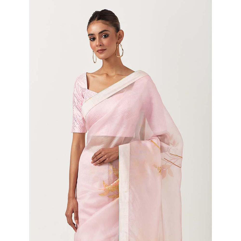 Label Earthen Pinky Embellished Saree with Printed Foil with Stitched Blouse